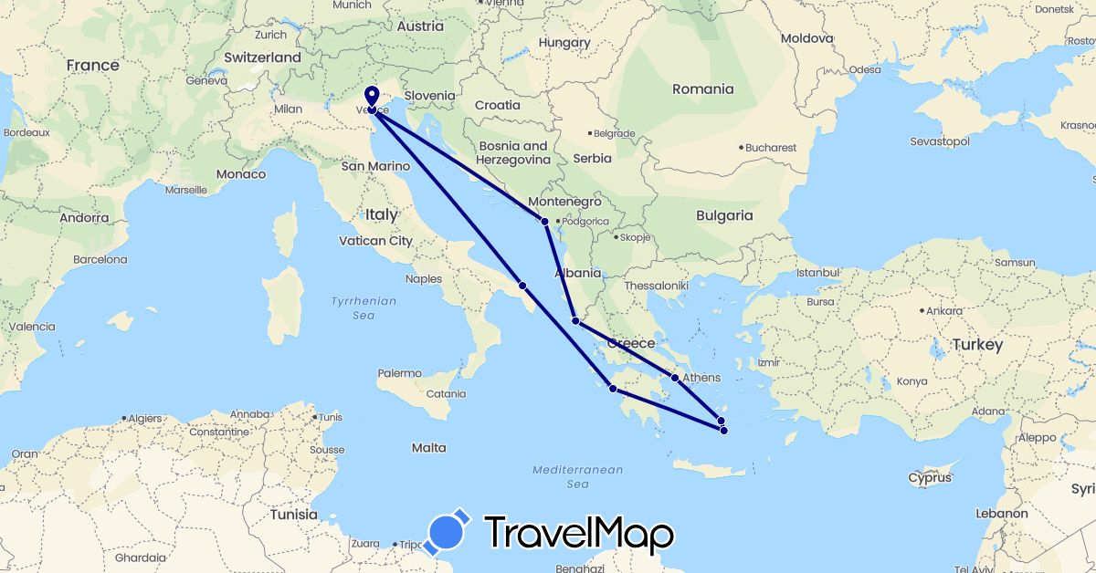 TravelMap itinerary: driving in Greece, Italy, Montenegro (Europe)